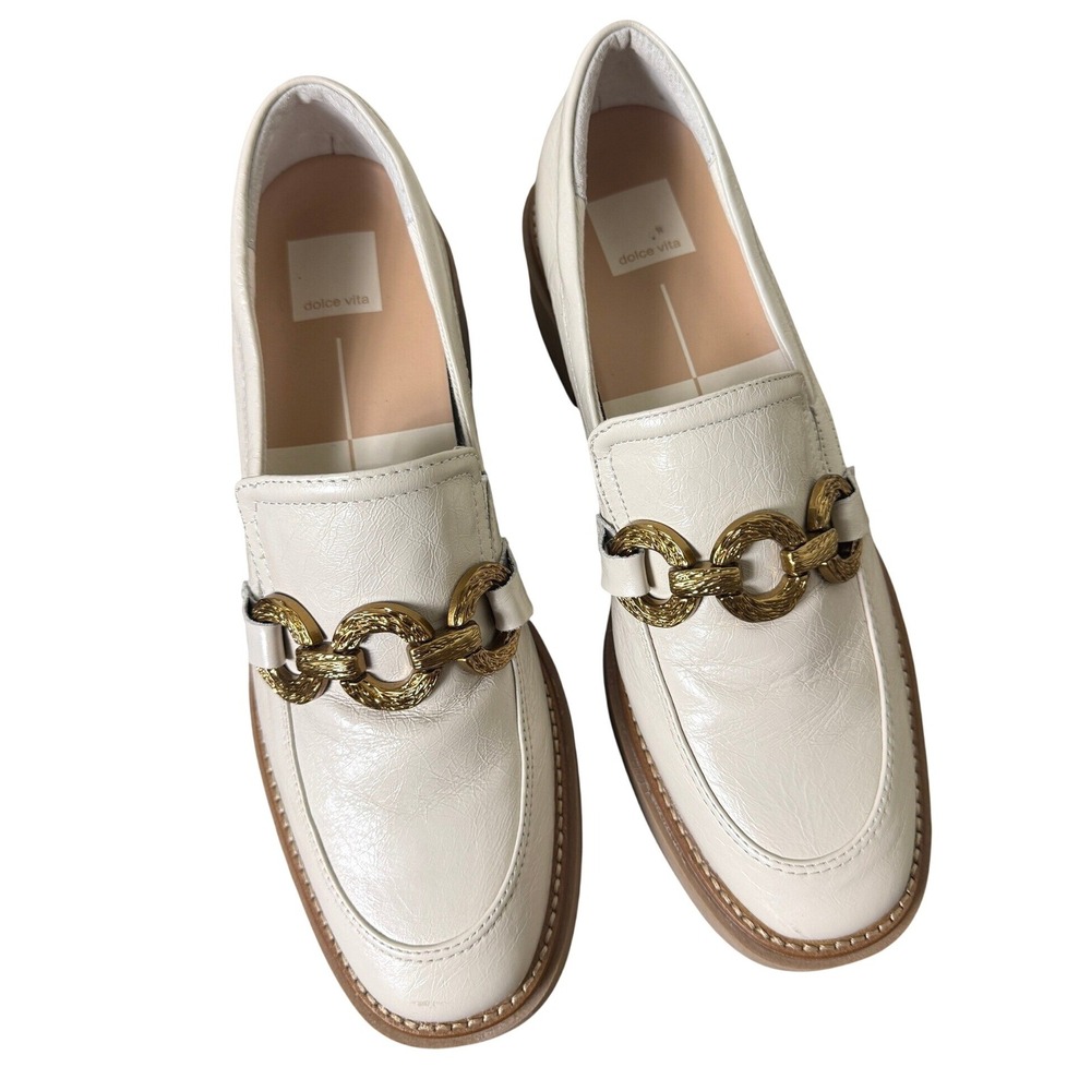 Dolce Vita Platform Loafers Womens 9.5 Ivory Leather Gold Chain Chunky Heel Lug - Picture 2 of 9
